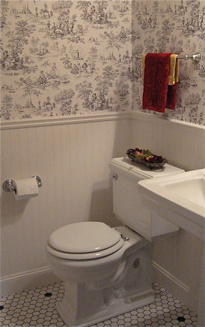 Vintage Style Powder Room Kohler Toilet Beadboard White Mosaic