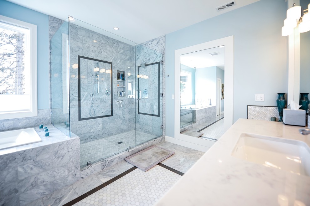 Photo of a large traditional master bathroom in Portland with shaker cabinets, white cabinets, a corner shower, gray tile, stone tile, grey walls, mosaic tile floors, an undermount sink and quartzite benchtops.