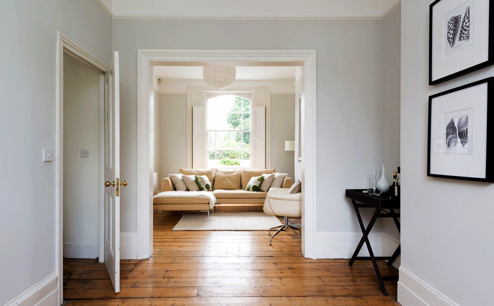 This is an example of a transitional enclosed living room in London with grey walls and medium hardwood floors.