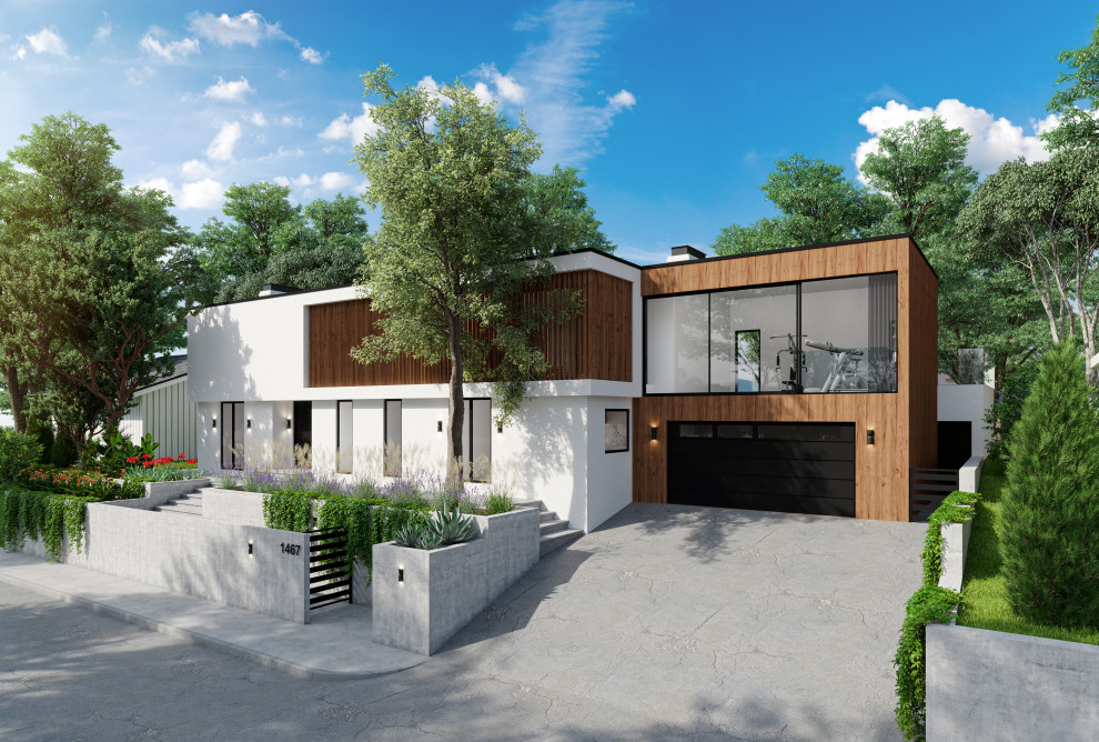 Свежая идея для дизайна: двухэтажный, деревянный, белый частный загородный дом среднего размера в стиле модернизм с плоской крышей, белой крышей и отделкой планкеном - отличное фото интерьера