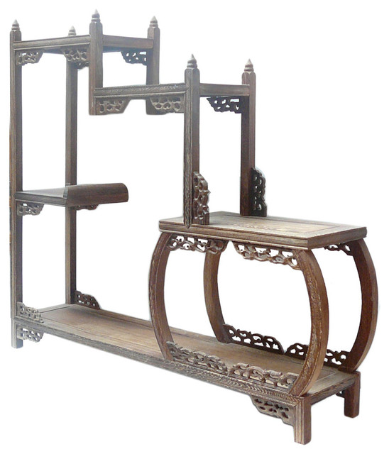 Chinese Brown Wood Tower Shape Small Curio Display Easel Asian