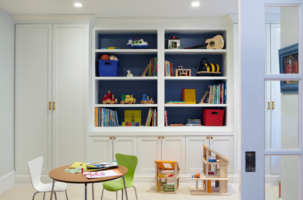 Contemporary gender-neutral kids' playroom in New York with white walls and carpet for kids 4-10 years old.
