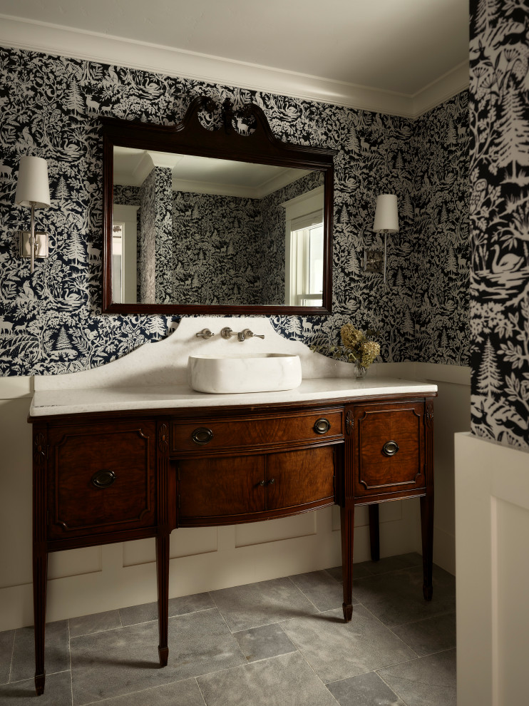 French country powder room photo in Denver