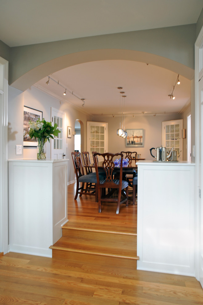 Inspiration for a mid-sized traditional separate dining room in Columbus with white walls, light hardwood floors and no fireplace.