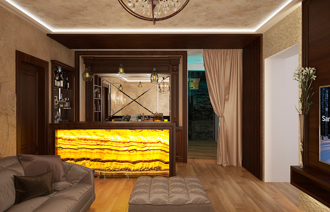 Цокольный этаж загородного дома, зона для отдыха