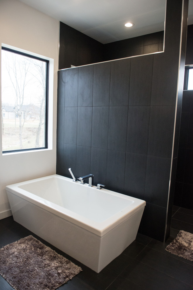 Design ideas for a large modern bathroom in Other with flat-panel cabinets, white cabinets, a freestanding tub, an open shower, a bidet, gray tile, porcelain tile, white walls, ceramic floors, a trough sink, engineered quartz benchtops, grey floor, an open shower, white benchtops, a niche, a single vanity and a built-in vanity.