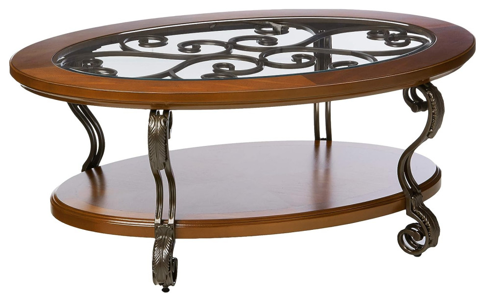 Classic Coffee Table, Leaf Accented Scrolled Legs & Oval Glass Top, Dark Brown