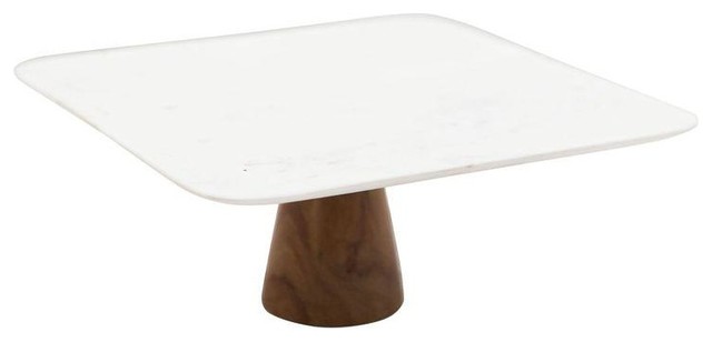 Pre-owned Square Alabaster Cake Stand with Teak Base