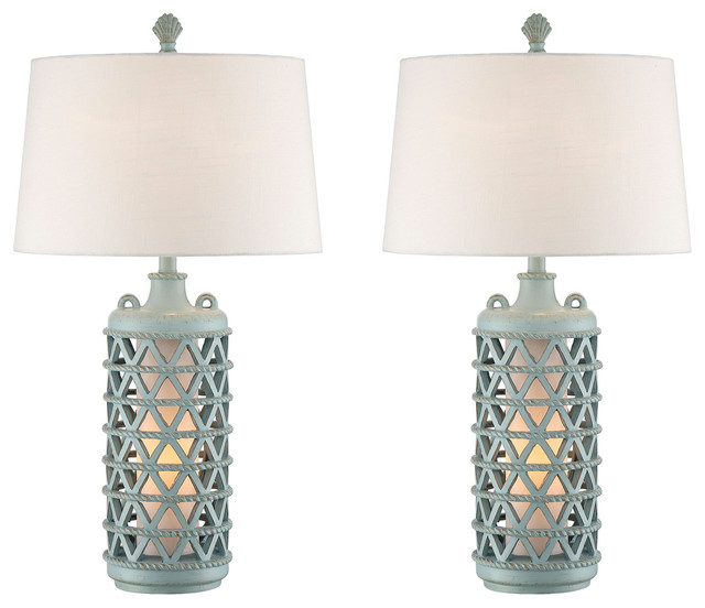 Seahaven Lantern Table Lamp, Set Of 2, Glacier Blue Beach Style