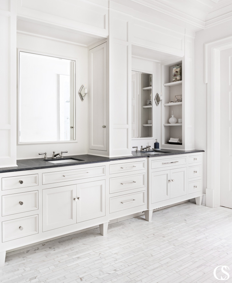 Photo of a classic bathroom in Salt Lake City with white cabinets, white tiles, white walls, black worktops, double sinks and a built in vanity unit.