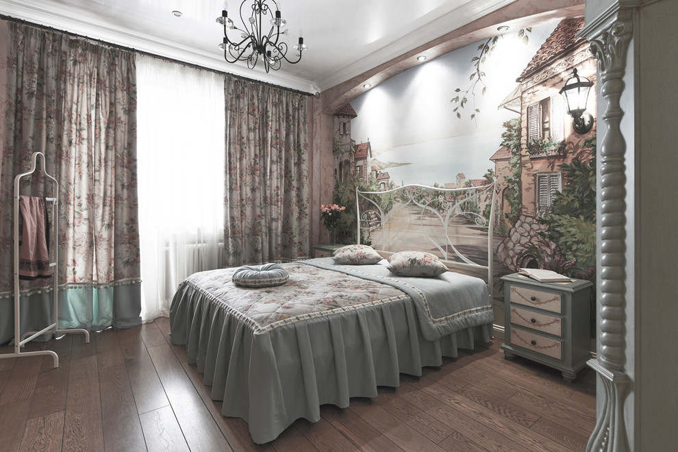 This is an example of a large transitional master bedroom in Moscow with brown walls, painted wood floors, no fireplace and brown floor.