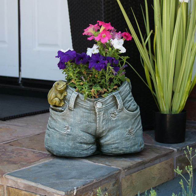 Rugged Denim Shorts Flower Planter with Frog - Contemporary - Outdoor ...