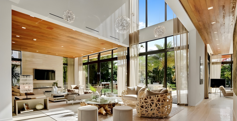 Photo of a large contemporary open plan living room in Miami with white walls, porcelain flooring, a standard fireplace, a tiled fireplace surround and a wood ceiling.