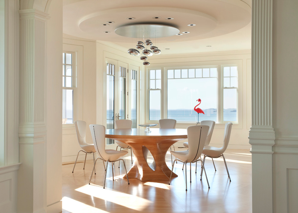 Photo of a large contemporary separate dining room in Boston with white walls, no fireplace and light hardwood floors.