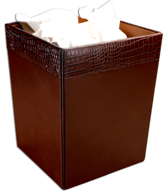 A2003 Brown Crocodile Embossed Leather Waste Basket Contemporary