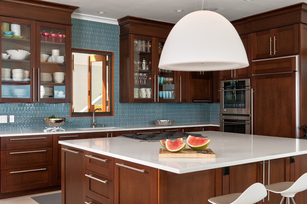 Photo of a tropical kitchen in Denver with glass-front cabinets, dark wood cabinets, blue splashback and panelled appliances.