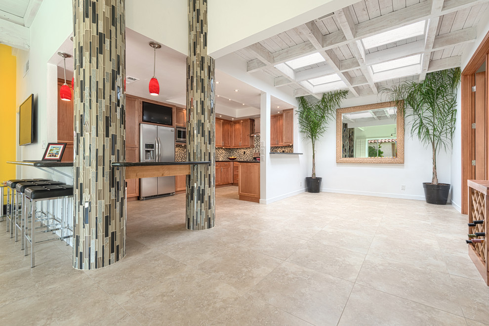Inspiration for a transitional kitchen remodel in Orange County with multicolored backsplash