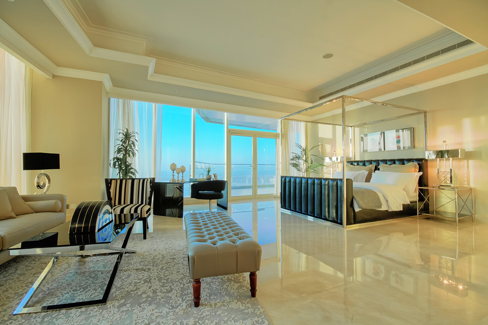 Design ideas for an expansive contemporary master bedroom in Other with marble floors.