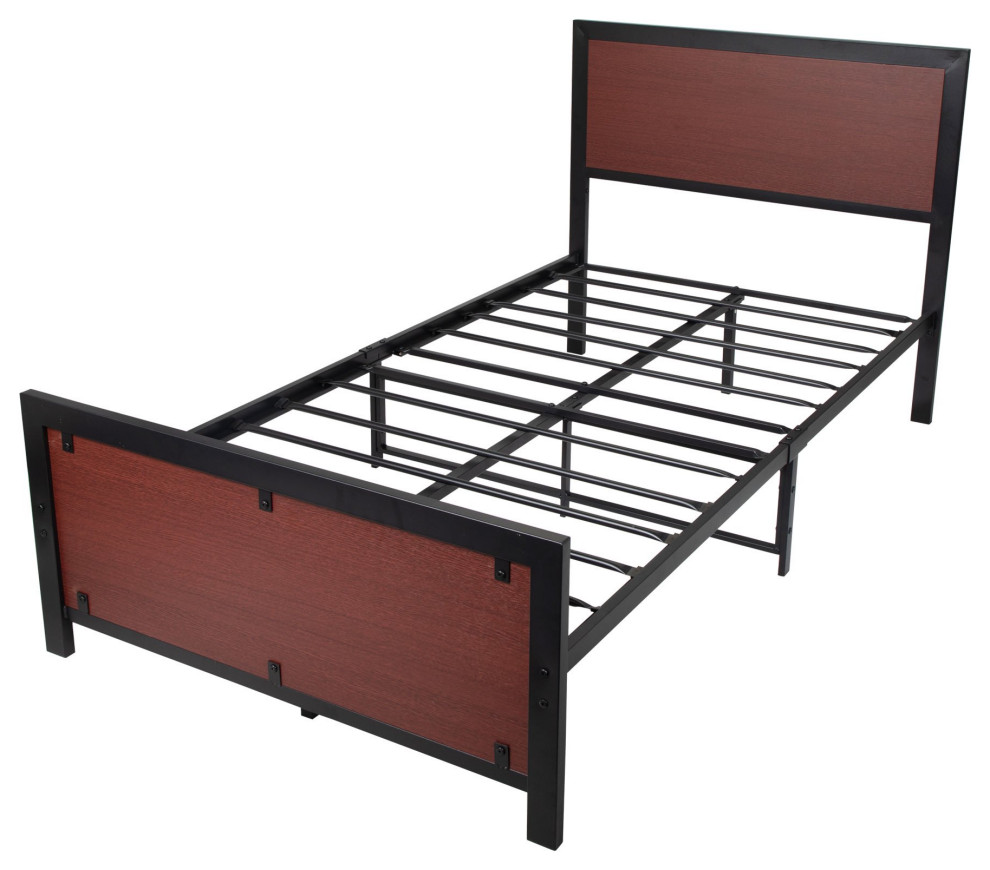 Modern Platform Bed, Sturdy Metal Slat Support & Wooden Panel Headboard