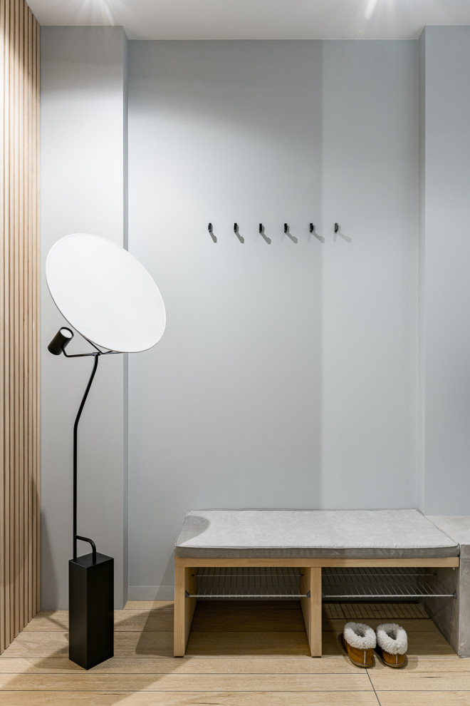 Стильный дизайн: прихожая среднего размера: освещение в современном стиле с серыми стенами, полом из керамогранита и бежевым полом - последний тренд