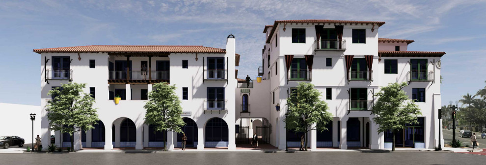 На фото: огромный, белый многоквартирный дом в средиземноморском стиле с разными уровнями, облицовкой из цементной штукатурки, черепичной крышей и красной крышей