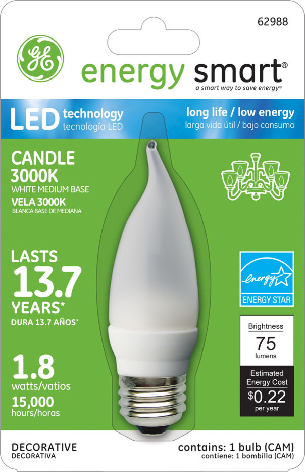 GE Energy Smart 10W Replacement (1.8W) Candle CA11 LED Bulb (Warm, Frosted, E26)