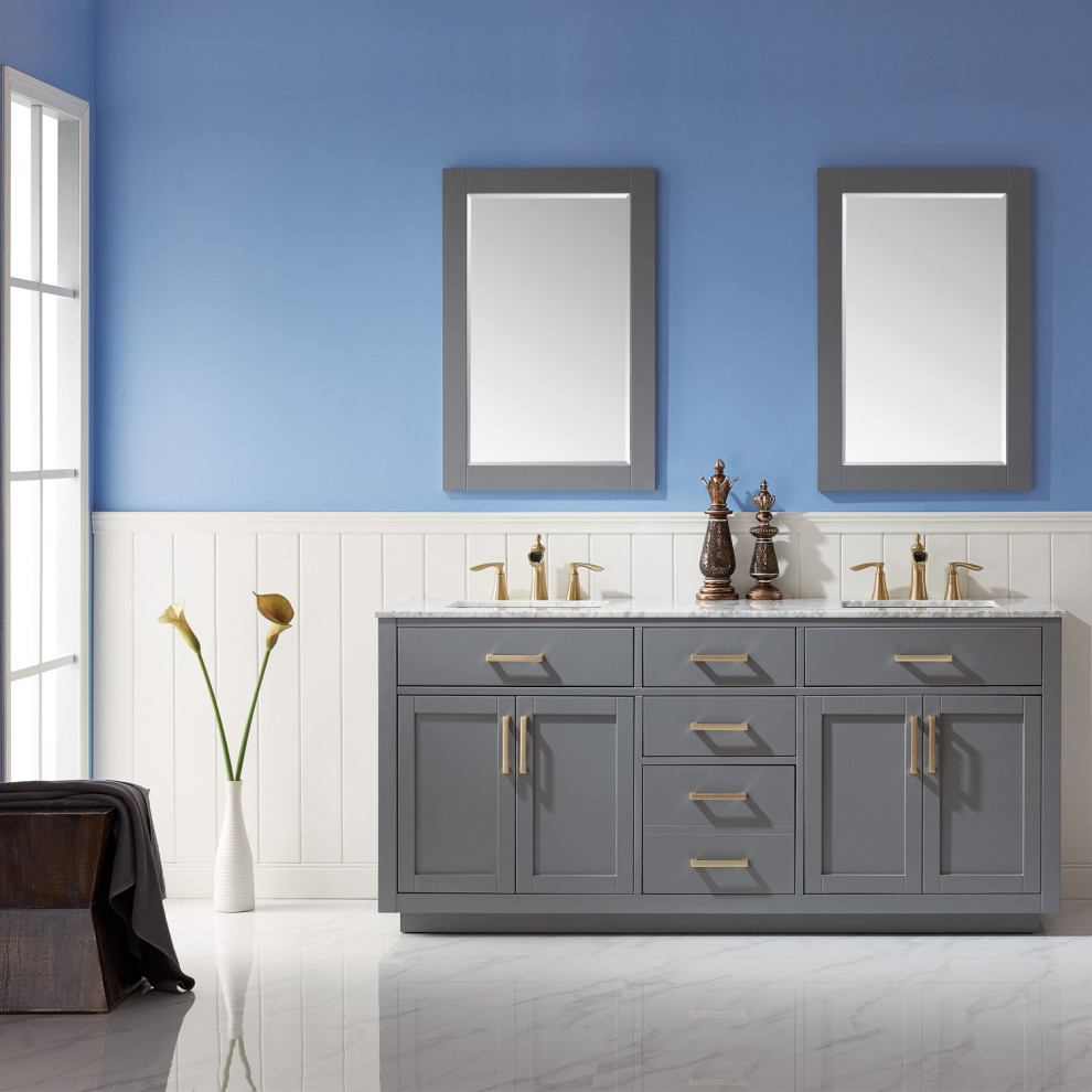 Idee per una grande stanza da bagno contemporanea con top in marmo, due lavabi e mobile bagno freestanding