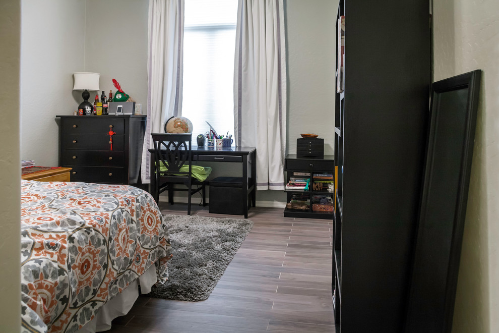 Transitional guest porcelain tile bedroom photo in Phoenix with gray walls