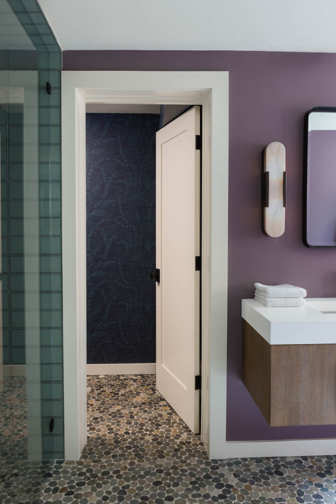 Design ideas for a mid-sized contemporary master wet room bathroom in San Francisco with flat-panel cabinets, purple cabinets, a one-piece toilet, purple walls, mosaic tile floors, an undermount sink, engineered quartz benchtops, white benchtops, a double vanity and a built-in vanity.
