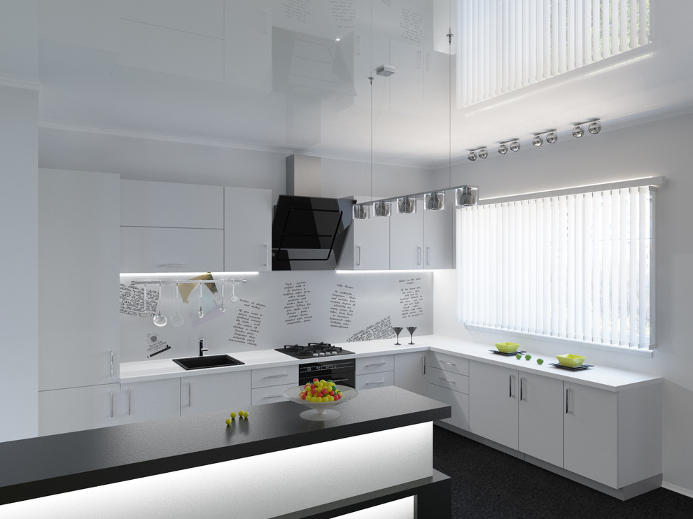 Чёрно белая кухня с ярким декором