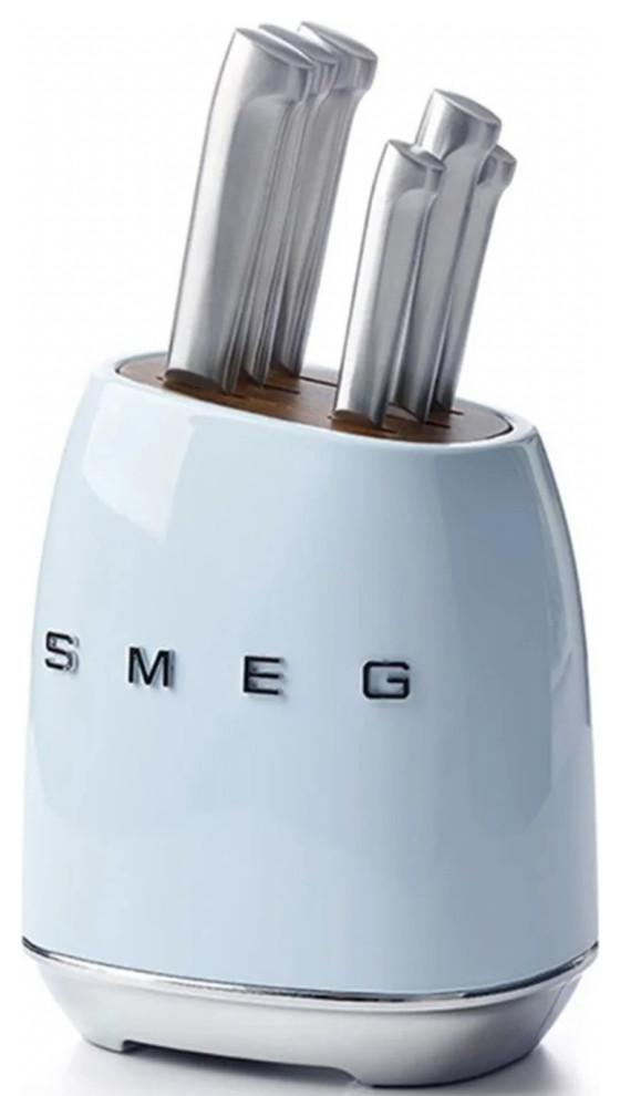 Smeg Stainless Steel 7Piece Pastel Blue Knife Block Set Modern Knife Sets by La Cuisine
