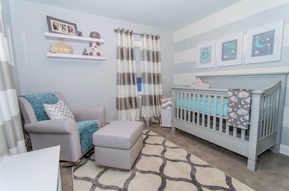 Inspiration for a small transitional nursery for boys in Philadelphia with grey walls and carpet.