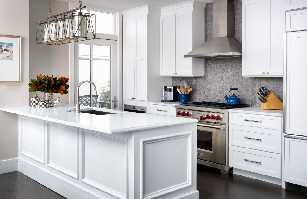 Kitchen - transitional kitchen idea in Denver with an undermount sink, recessed-panel cabinets, white cabinets, gray backsplash, an island and matchstick tile backsplash