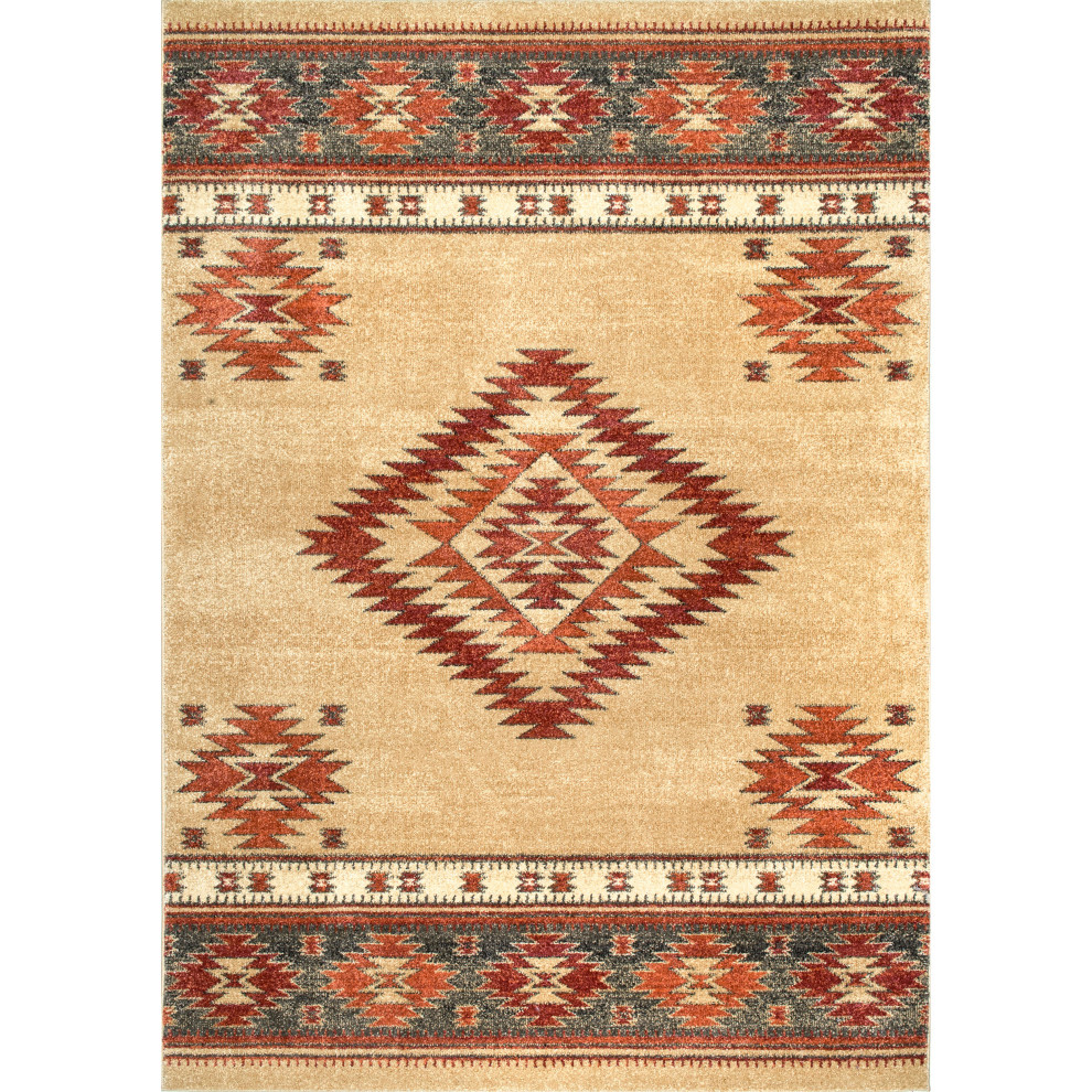 Southwestern Flamestitch Tribal Diamond Area Rug, Beige Southwestern