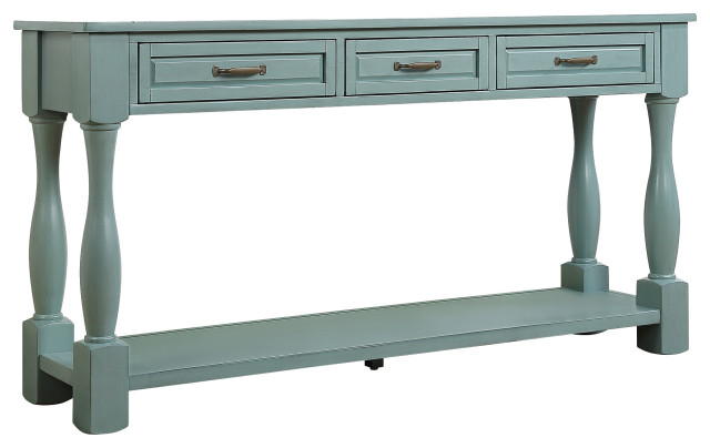 63" Farmhouse Style Wood Console Table with Three Drawers, Retro Blue