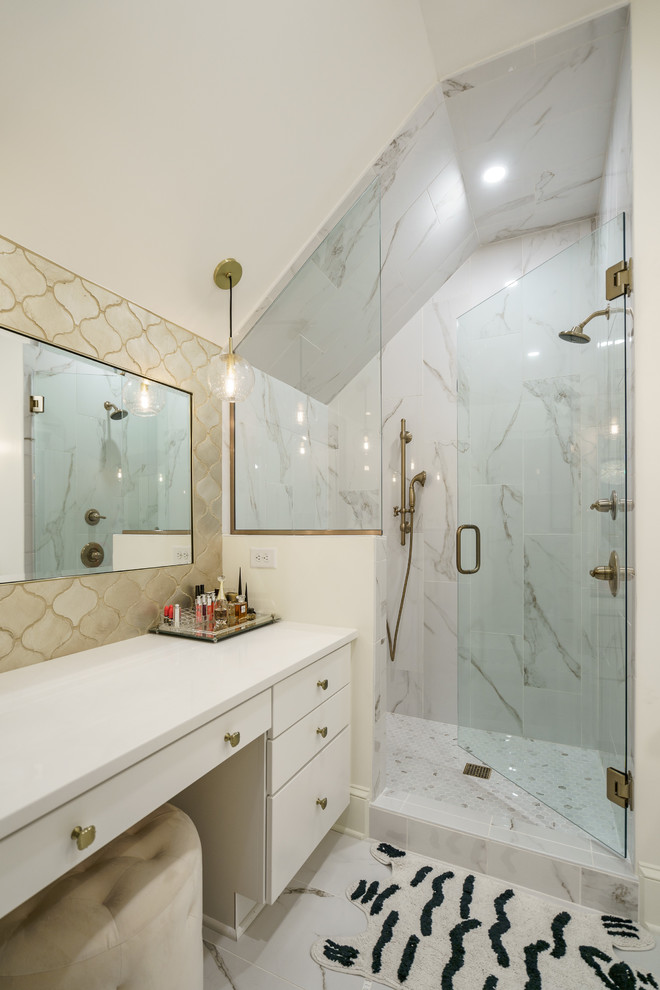 Inspiration for a mid-sized contemporary bathroom in Raleigh with white cabinets, a corner shower, a two-piece toilet, white tile, ceramic tile, white walls, ceramic floors, an undermount sink, quartzite benchtops, white floor, a hinged shower door and white benchtops.