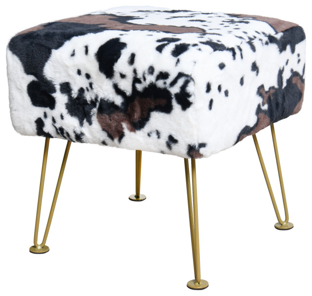 Animal Print Faux Fur Footstool, 17x17x17 Midcentury Footstools And