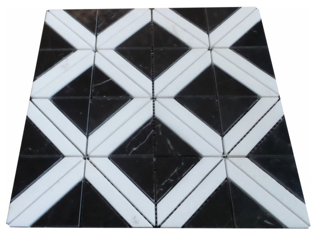 Triangle With Strip Marble Mosaic Tile Contemporary Triangle With Strip Marble Mosaic Tile Black And Carrara White 11 Sheets