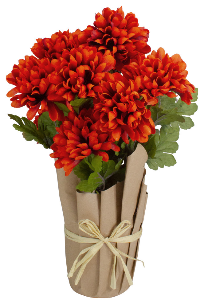 20" Orange Fall Harvest Artificial Mum Plant in a Pot Modern Artificial Flower Arrangements