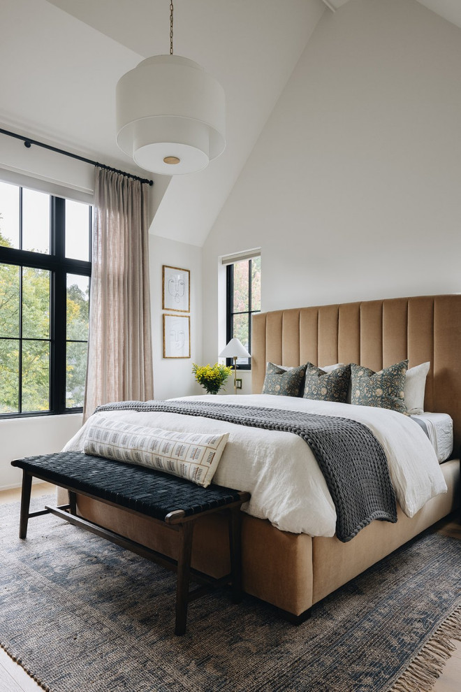 Example of a transitional medium tone wood floor, brown floor and vaulted ceiling bedroom design in Chicago with white walls