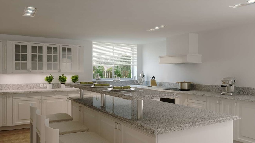 Inspiration for a large transitional u-shaped light wood floor kitchen pantry remodel in Toronto with glass-front cabinets, white cabinets, granite countertops, multicolored backsplash and an island