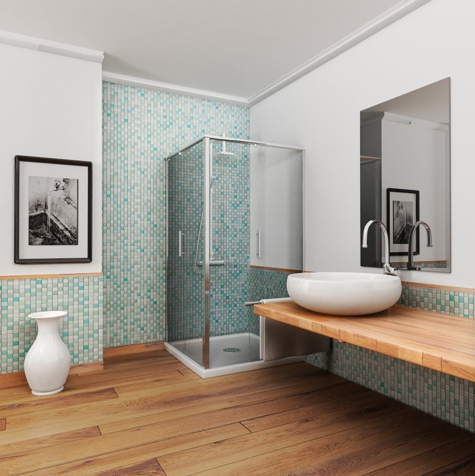 Beach style bathroom in Miami with a corner shower, blue tile, mosaic tile, white walls, medium hardwood floors, a vessel sink, wood benchtops, brown floor and a hinged shower door.