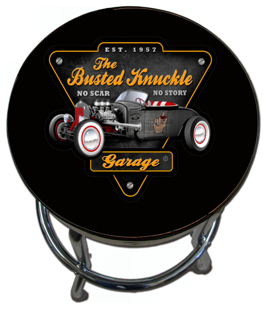 Busted Knuckle Garage Stool, Roadster Graphic On Black Farmhouse Bar Stools And Counter