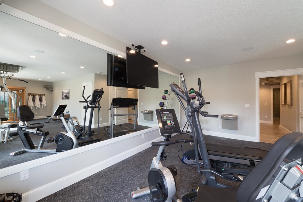 Large transitional multipurpose gym in Salt Lake City with grey walls, vinyl floors and grey floor.