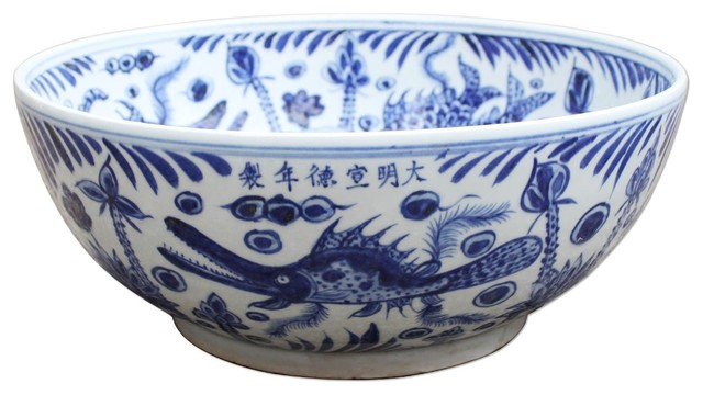 Blue and White Porcelain Dragon and Phoenix Fish Bowl 15" Diameter