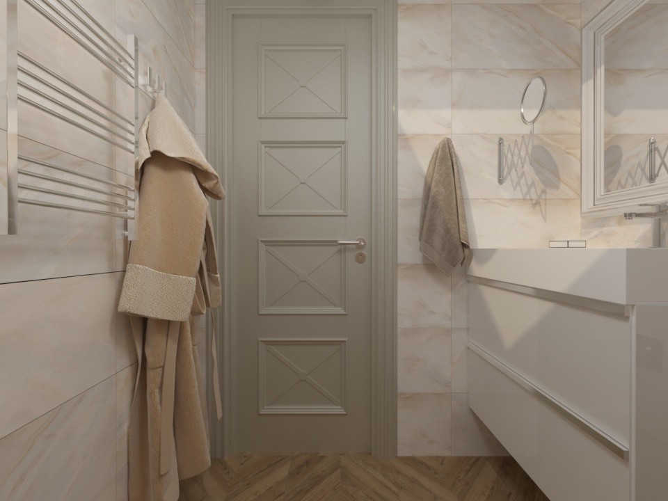 Санузел с мансардным окном в доме на берегу Волги