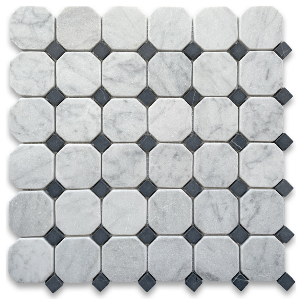 Tumbled Carrara Marble Octagon Mosaic Tile 2" Non Slip Vintage Shower, 1 sheet