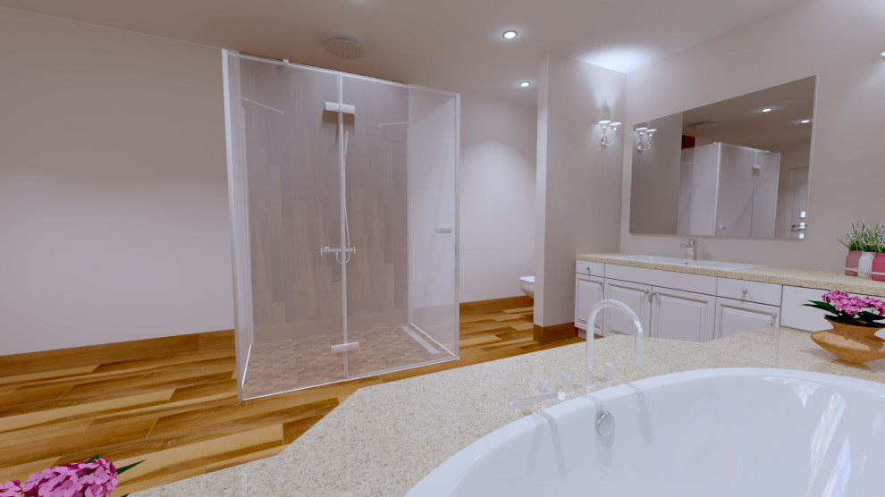 Photo of a large modern master bathroom in Toronto with white cabinets, a drop-in tub, a curbless shower, a one-piece toilet, brown tile, wood-look tile, wood-look tile, marble benchtops, brown floor, a hinged shower door, beige benchtops, a single vanity and a freestanding vanity.