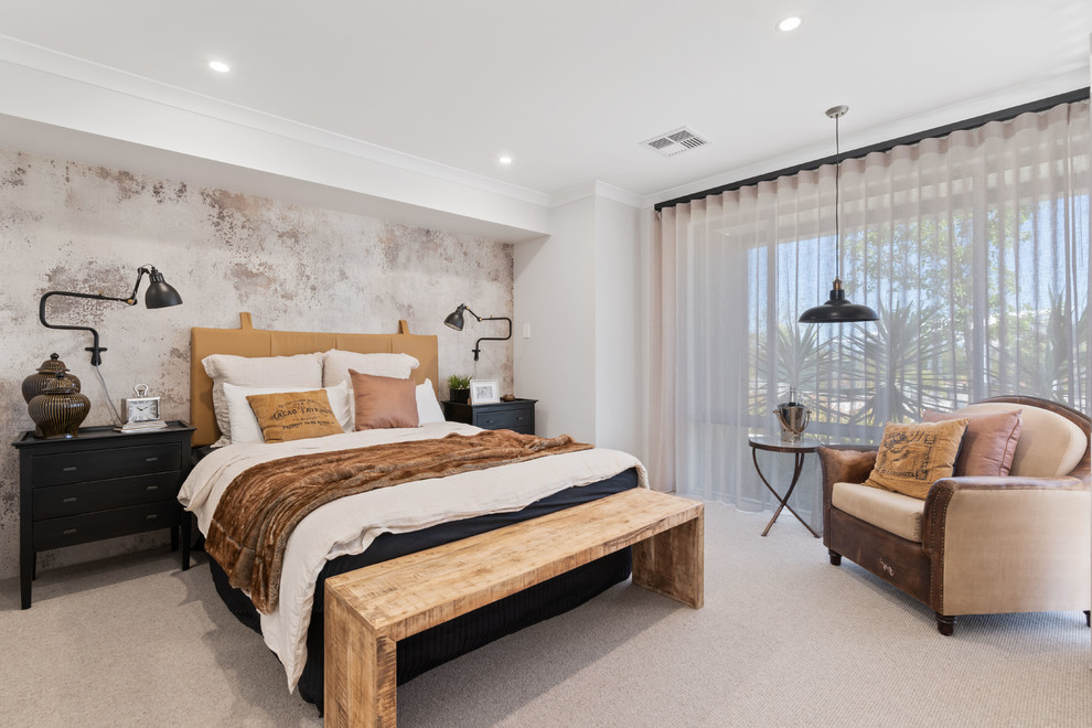 Contemporary bedroom in Perth with white walls, carpet and beige floor.