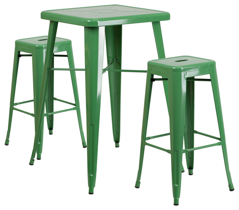 23.75" Green Metal Indoor-Outdoor Bar Table Set With 2 Seat Backless Stools